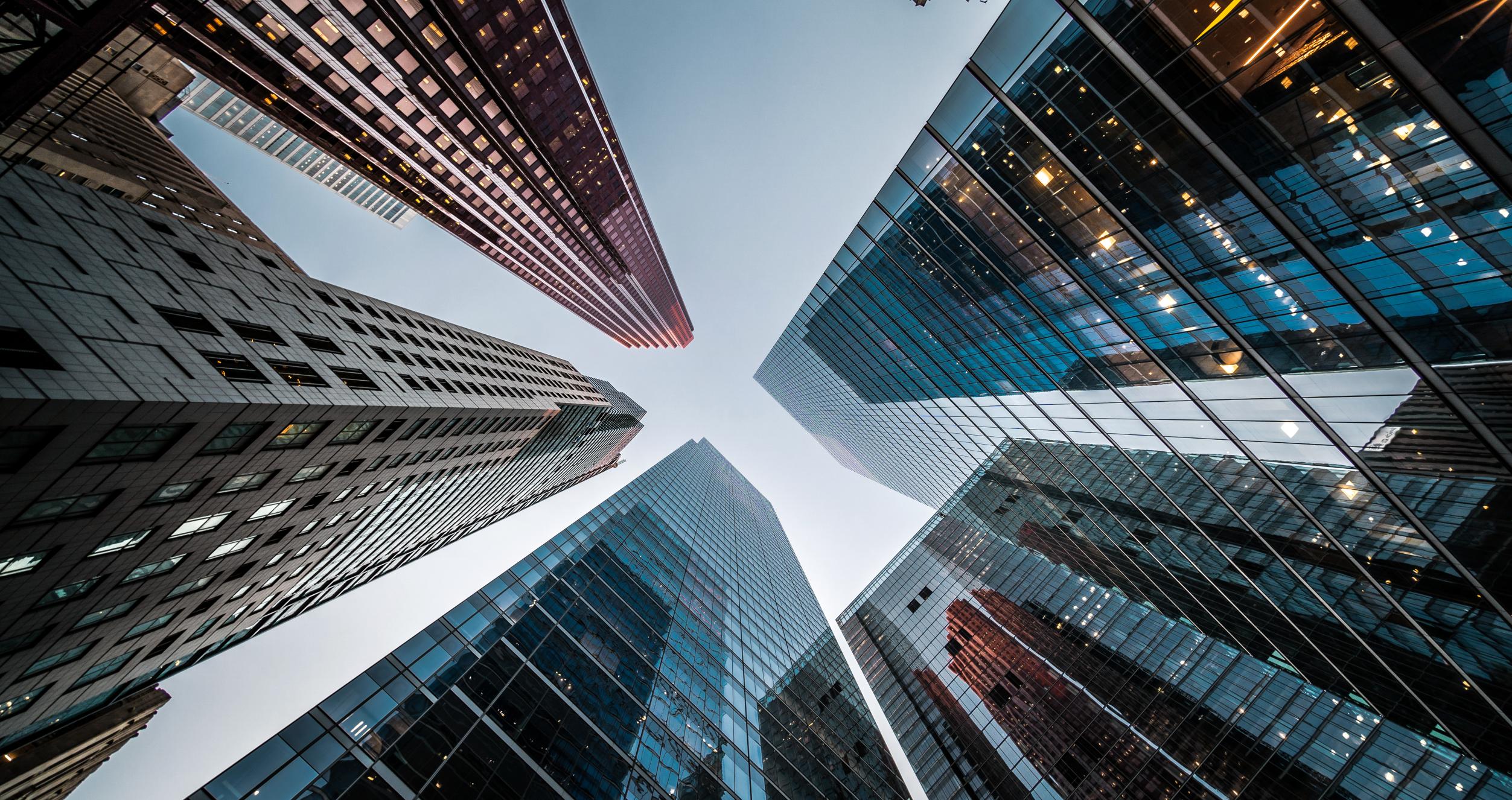 Looking up at high rise office buildings