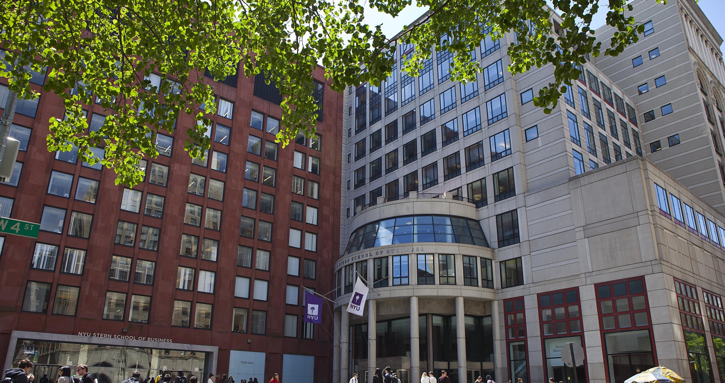 Gould plaza facing the front of the Kaufman Management Center and Tisch buildings