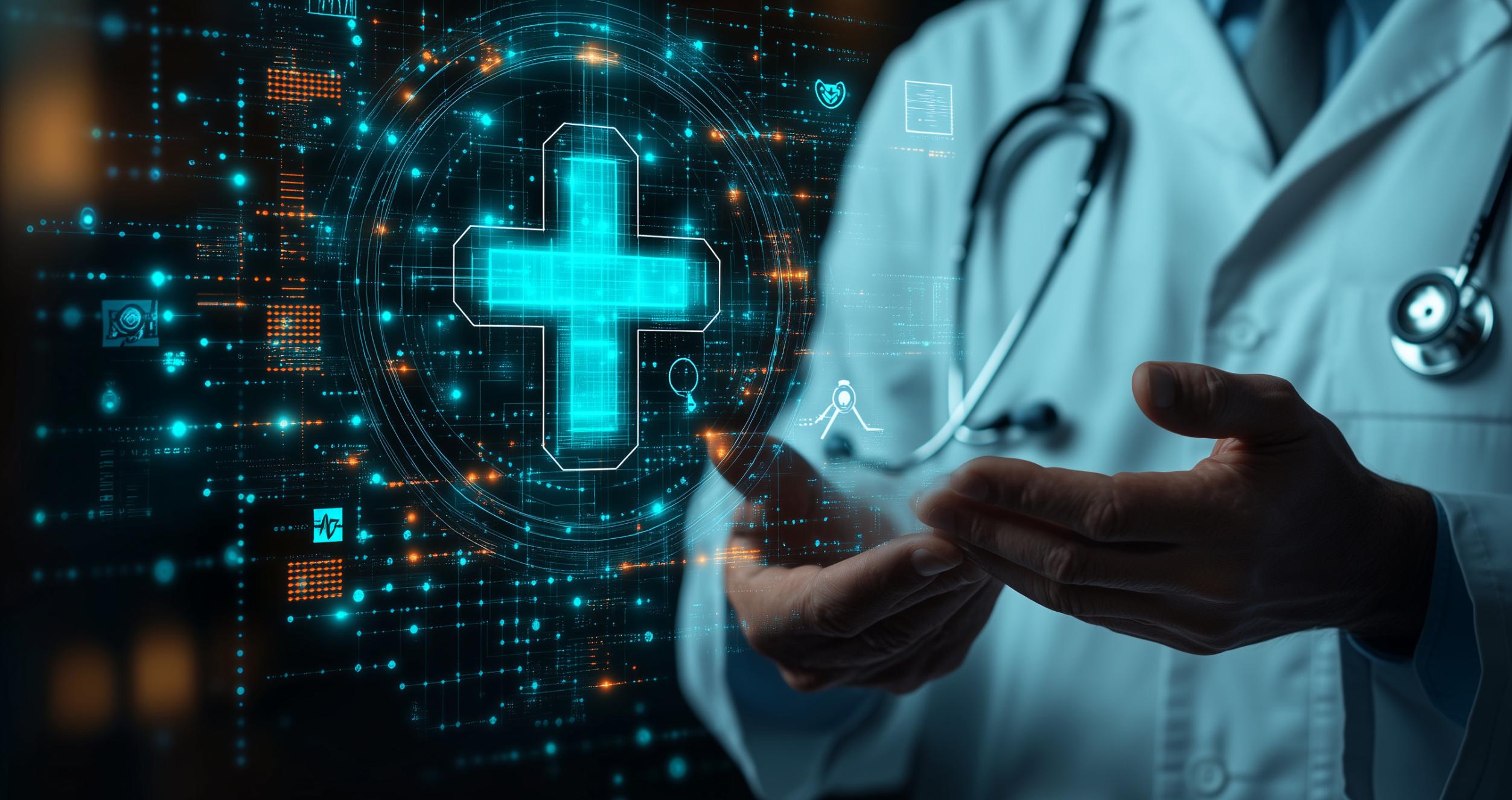 Health graphics next to doctor