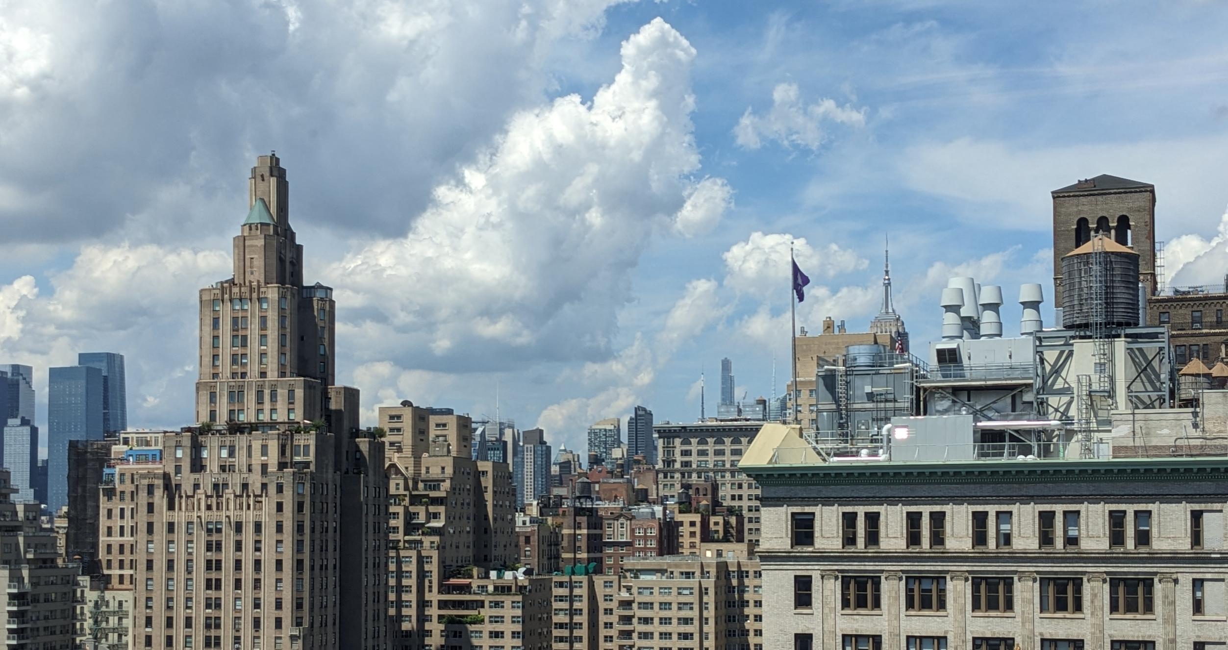 A view from the window of NYU Stern's Kaufmann Management Center on a partly cloudy day