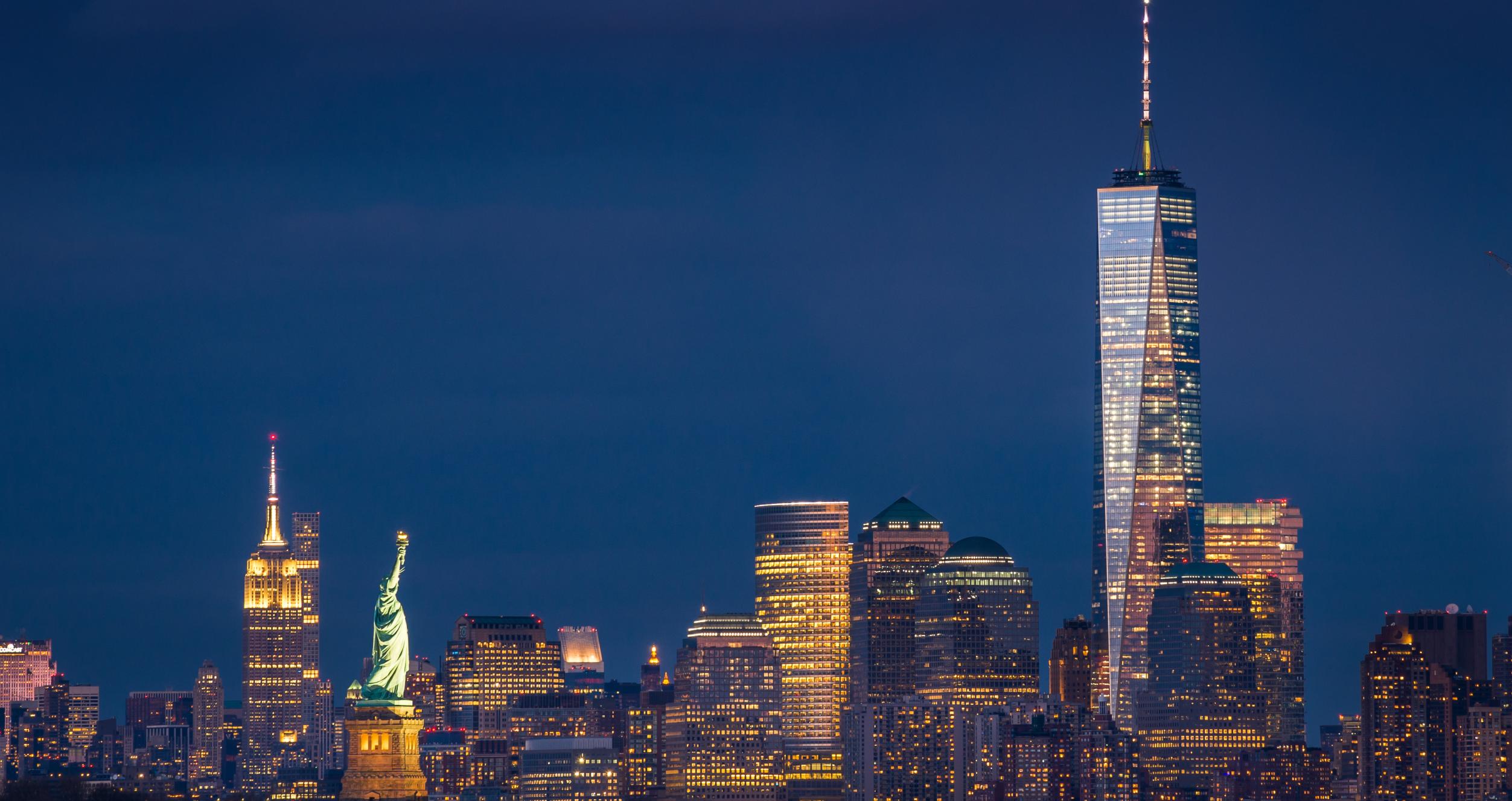 The NYC skyline at night.