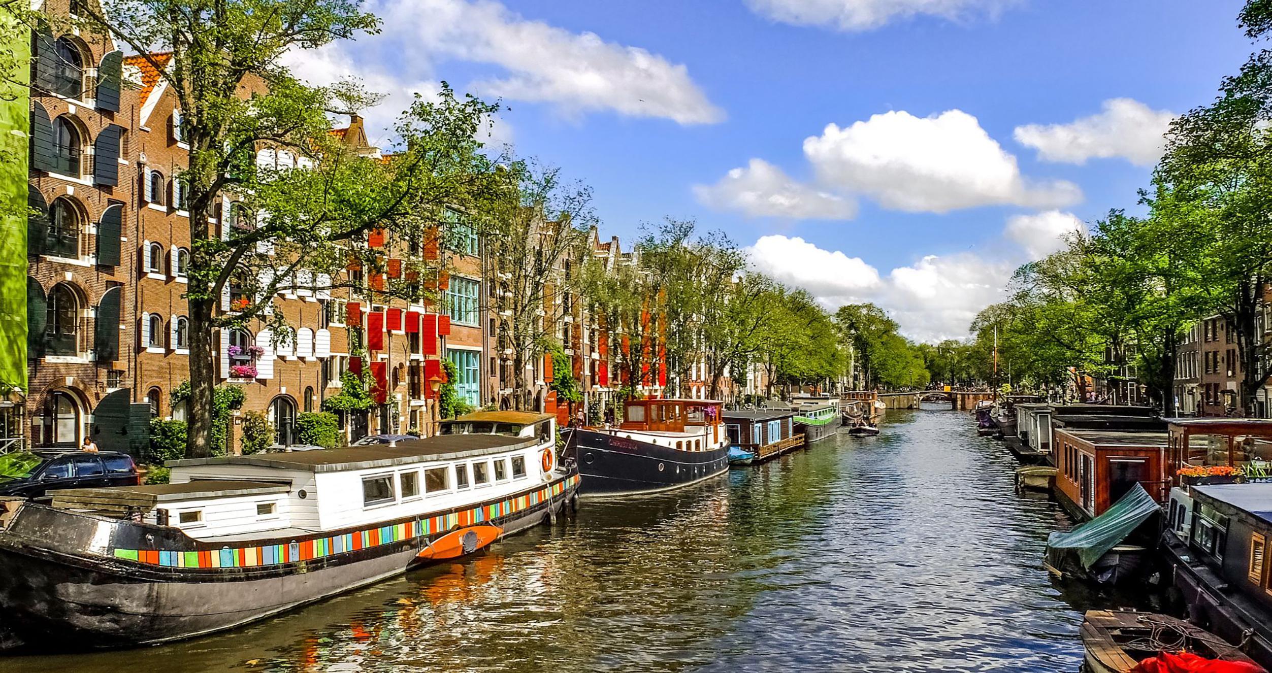 Image of canal in the Netherlands lined with boats, trees and buildings 