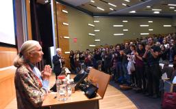 Jane Goodall Speaking on Stage at Business and Society Program Event