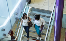 two women in business casual clothing descending an opaque staircase together