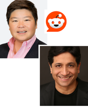 Jen Wong and Arun Sundararajan head shots and Reddit logo