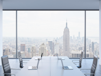 A view of New York City from an office conference room