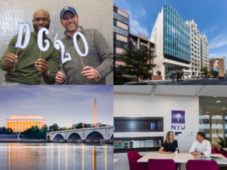 From top left: Two EMBA DC graduates; outside of DC Stern building; students inside at a table; bridge in DC