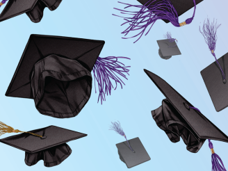 An illustration of graduation caps