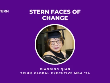 A violet graphic with a headshot of Xiaobing Qian that says: "Stern Faces of Change, Xiaobing Qian TRIUM global executive MBA ’24."