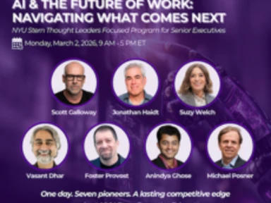 AI & The Future of Work: Navigating What Comes Next program flyer featuring headshots of the Stern faculty