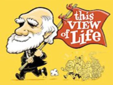 cartoon old man running away from cartoon children, carrying a flag that says "this view of life"
