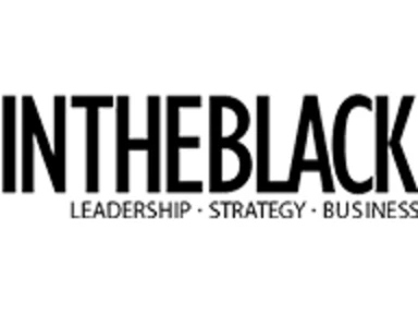 words "in the black, leadership, strategy, business" in black font on white background