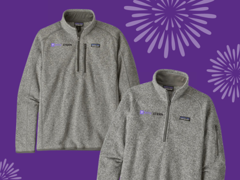 Two grey Patagonia fleece sweatshirts against a purple background with fireworks