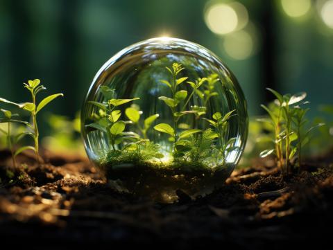 Glass globe encircled by verdant forest flora, symbolizing nature, environment, sustainability, ESG, and climate change awareness