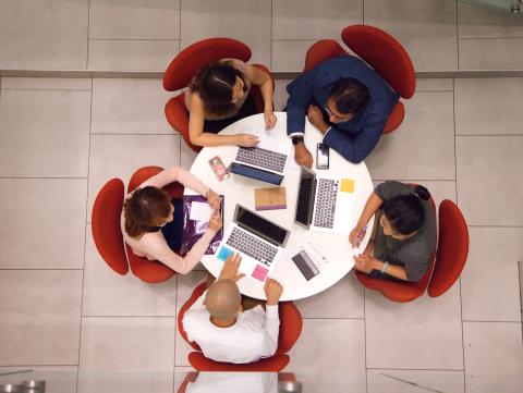 Bird's eye view of students working together