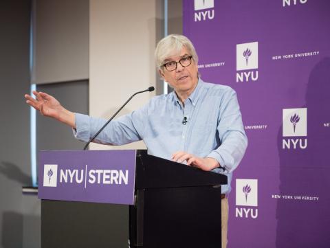 Paul Romer addresses the Stern community after winning the Nobel Prize in Economic Sciences