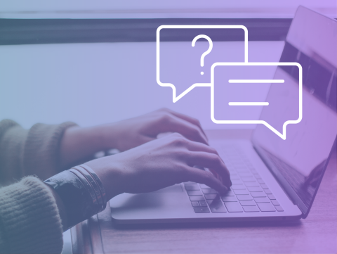 Person Types on laptop - illustrated speech bubbles overlay the photograph