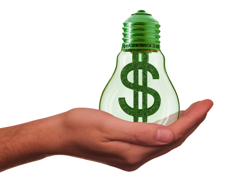 hand holding green lightbulb with dollar sign