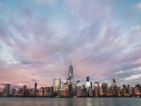 Assorted NYC buildings near body of water under cloudy sky