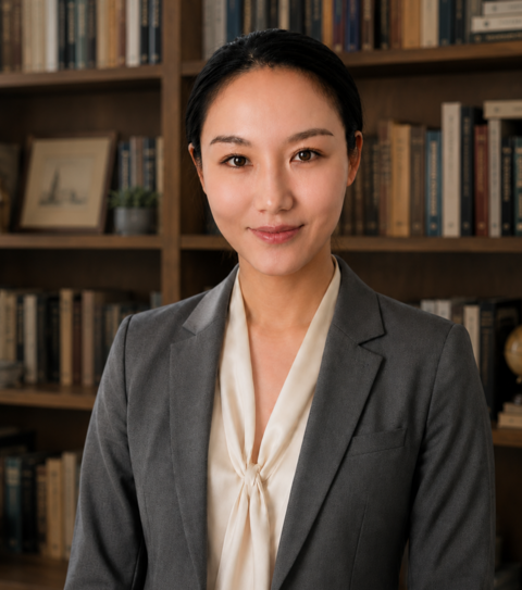 Headshot photo of Elynn Chen in a suit jacket and blouse with a bookcase in the background.