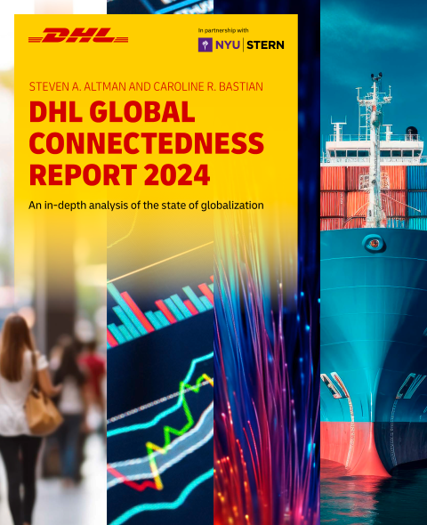 The cover of the DHL Global Connectedness Report 2024: An in-depth analysis of the state of globalization. The cover features four panels arranged horizontally: (1) a woman walking away from the viewer; (2) a set of digital financial graphics; (3) a colorful fiber optic cable; (4) a large container ship approaching the viewer