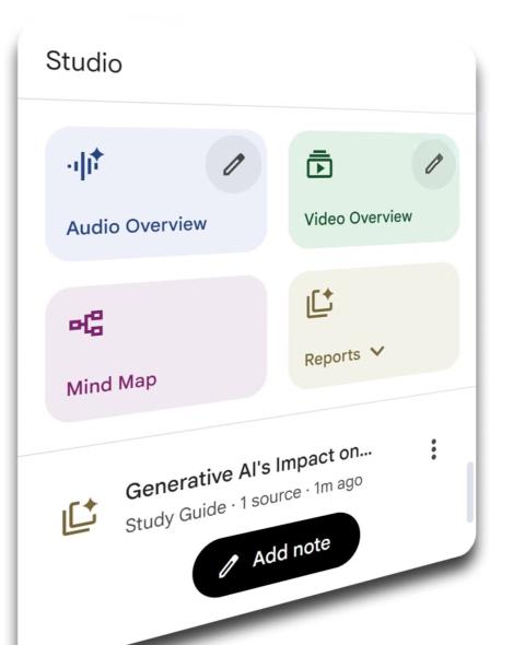 The "Studio" window in Google's NotebookLM tool