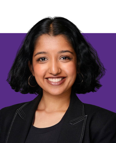Headshot of Neha Raju with a purple and white background