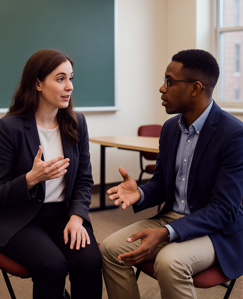 Two students engaged in a roleplay exercise
