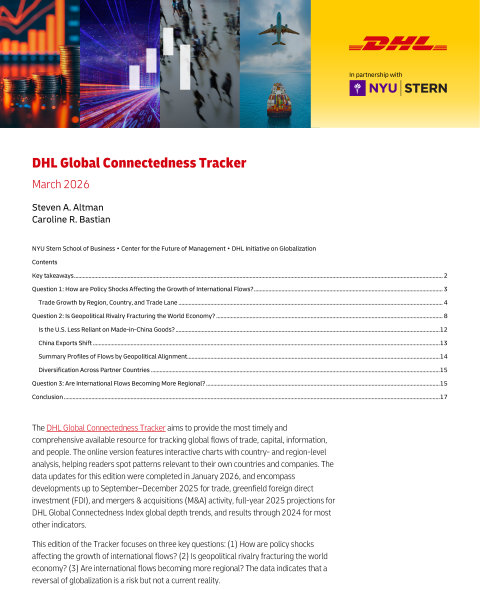A screenshot of the DHL Global Connectedness Tracker, March 2026. A table of contents and brief introductory paragraph are visible under the DHL-branded banner.