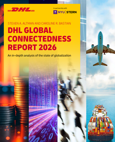 The cover of the DHL Global Connectedness Report 2026: An in-depth analysis of the state of globalization. The cover features four panels arranged horizontally: (1) two stacks of coins; (2) a timelapse photo of break lights with digits superimposed; (3) a blurred image of people walking away from the viewer; (4) a large container ship and a jet airplane above
