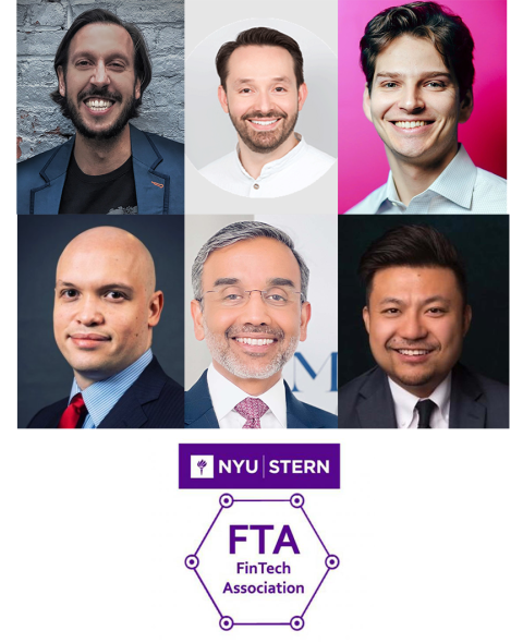 Headshots of Max Niederste-Ostholt, Dan Truque, Lex Sokolin, Jonathan Grady, Padman Perumal, Bin Yang, Fintech Association Logo