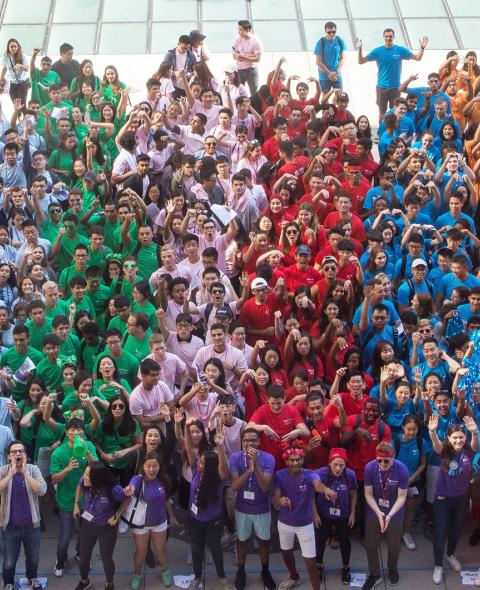 Students in the Class of 2021 pose for a photo on Gould Plaza