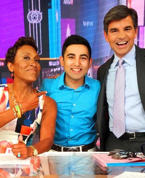Shohbit Jain, a student in the BS/BFA program, on the set of his internship at Good Morning America with hosts Robin Robers and George Stephanopoulos