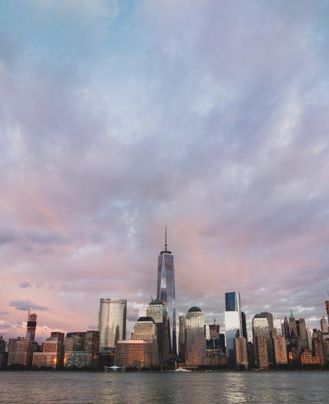 Assorted NYC buildings near body of water under cloudy sky