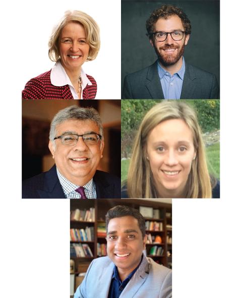 Headshots of Maria Gotsch, Andrew Boyajian, Sanjiv Anand, Elaine Duff, and Sanjay Mathew