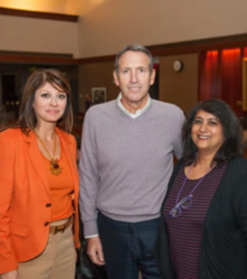 Undergraduate College Dean Geeta Menon, CNBC’s Maria Bartiromo, and Starbucks’ Howard Schultz
