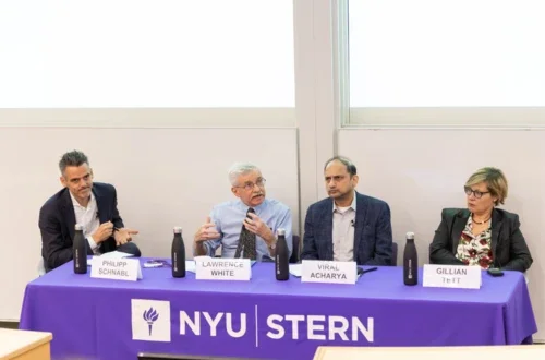 (l-r Professor Philipp Schnabl, Professor Lawrence J. White, Professor Viral Acharya, Gillian Tett, Chair of the Editorial Board and Editor-at-Large, US, Financial Times; Provost-designate of King's College, Cambridge)