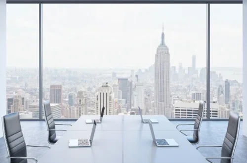 A view of New York City from an office conference room