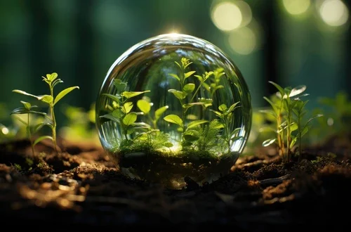 Glass globe encircled by verdant forest flora, symbolizing nature, environment, sustainability, ESG, and climate change awareness