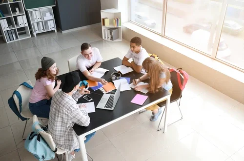 A student team collaborates on a group project