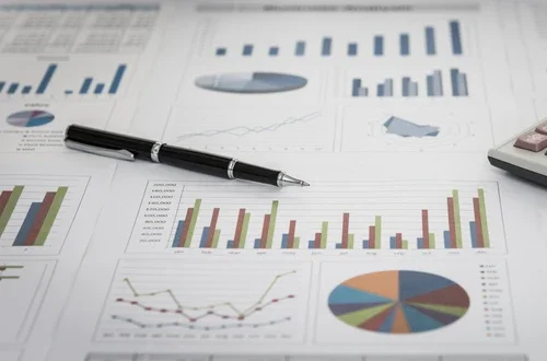 A pen and calculator on top of paper with charts