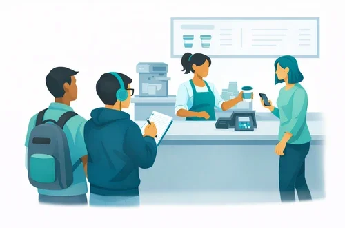 A student group observing a coffee shop interaction