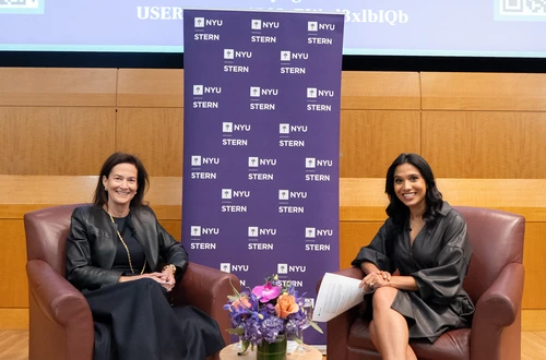 Alison Mass (BS '80, MBA '81) and Sonali Basak (MBA '20) hosted a fireside chat for NYU One Day