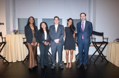 From left to right: Tiandra Jones, Wendy Benítez Jaramillo (BPE ’26), Darren Richman (MBA ’00), Parbs Anant (BS ’19), Lee Kruter (BS ’00)