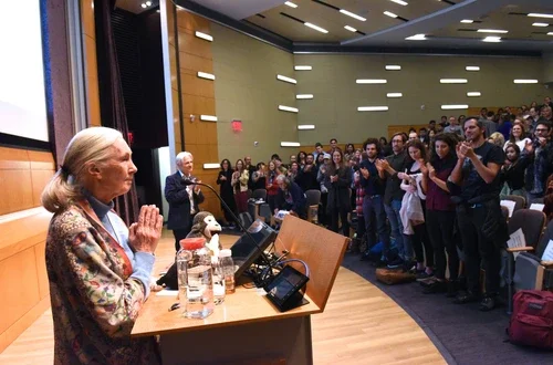 Jane Goodall Speaking on Stage at Business and Society Program Event