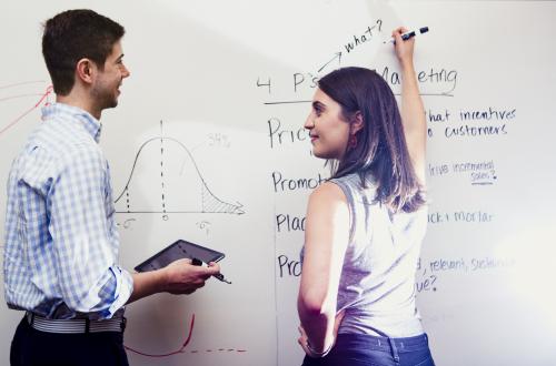 Students writing about marketing on a white board