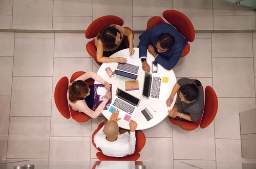 Bird's eye view of students working together