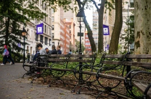 Park benches in Washington Square Park with NYU flags in the background