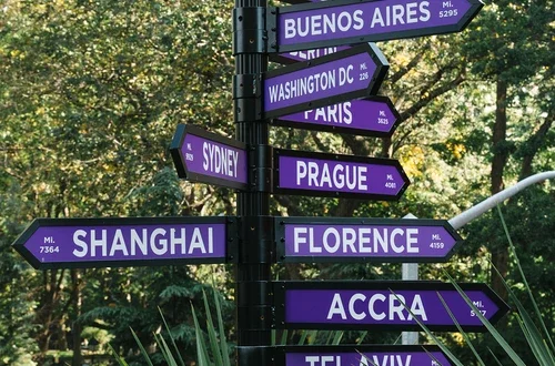 A sign on NYU's campus pointing to its other global sites