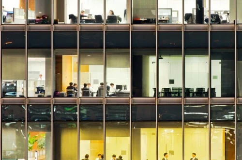 lit offices seen from a window view